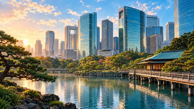 AI-generated illustration inspired by Shiodome, Tokyo; not a photograph of The Royal Park Hotel Iconic Tokyo Shiodome